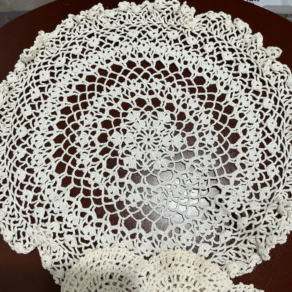 VTG‎ Handmade Crochet Round White Doilies Various Patterns Lot Of 2 Cottagecore